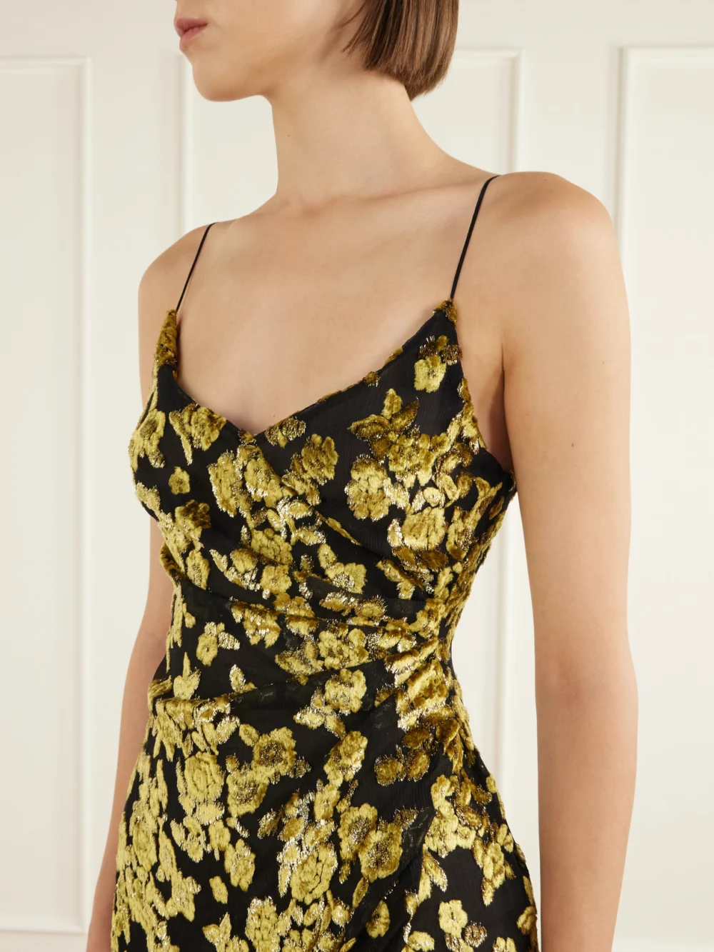Close-up detail of the Balmain Gathered Velvet-jacquard Mini Dress