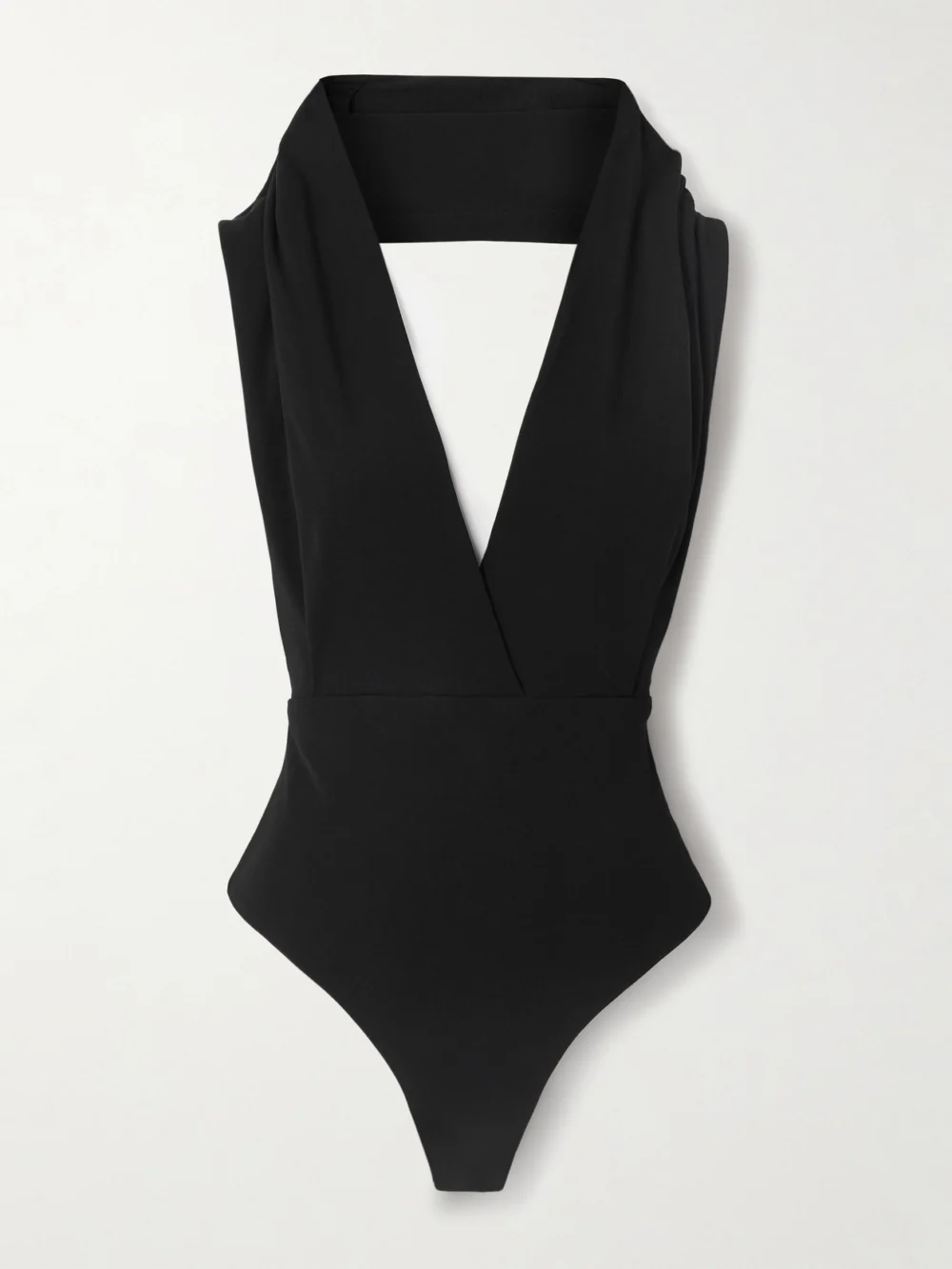 Balmain Hooded Open-back Draped Jersey Bodysuit in black