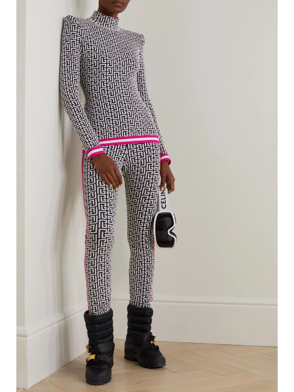 Balmain Jacquard-knit Wool-blend Leggings, worn by a model