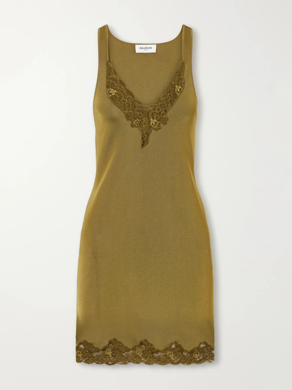 Balmain Lace-trimmed Knitted Mini Dress in army green