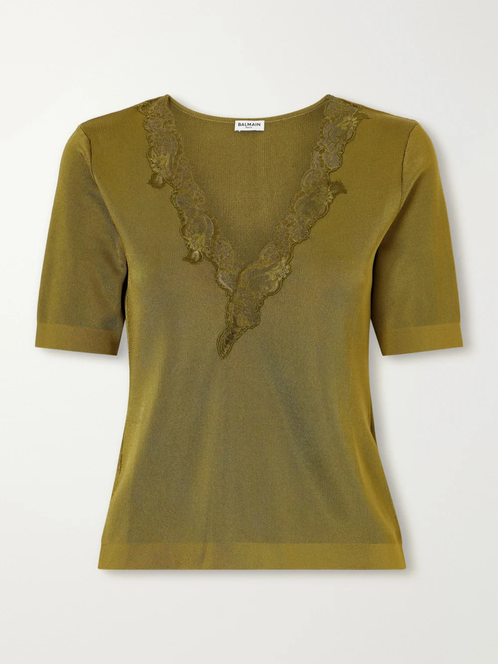 Balmain Lace-trimmed Knitted T-shirt in army green