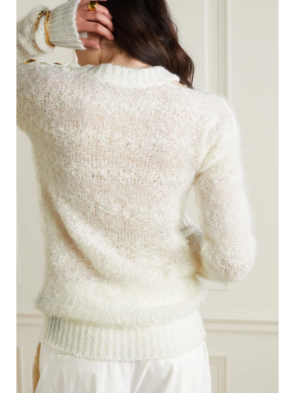 Back view of the Balmain Metallic Button-embellished Mohair-blend Sweater