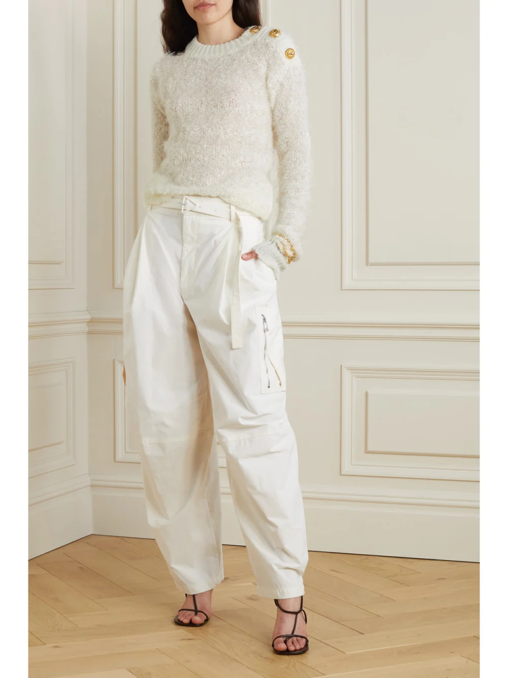 Balmain Metallic Button-embellished Mohair-blend Sweater, worn by a model