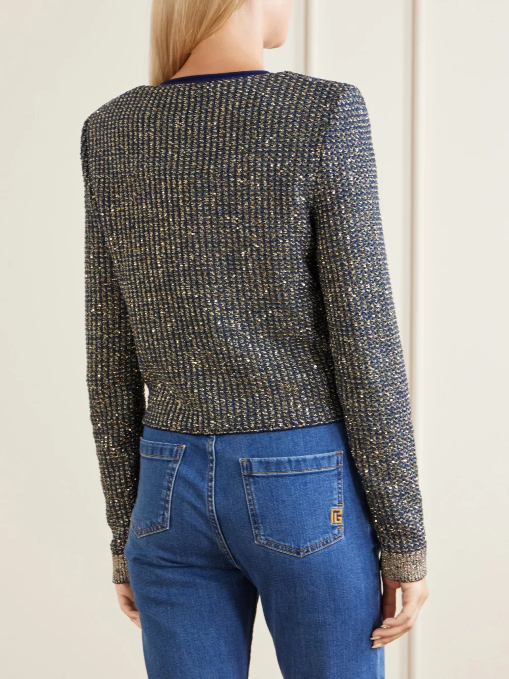 Back view of the Balmain Metallic-trimmed Tweed Cardigan