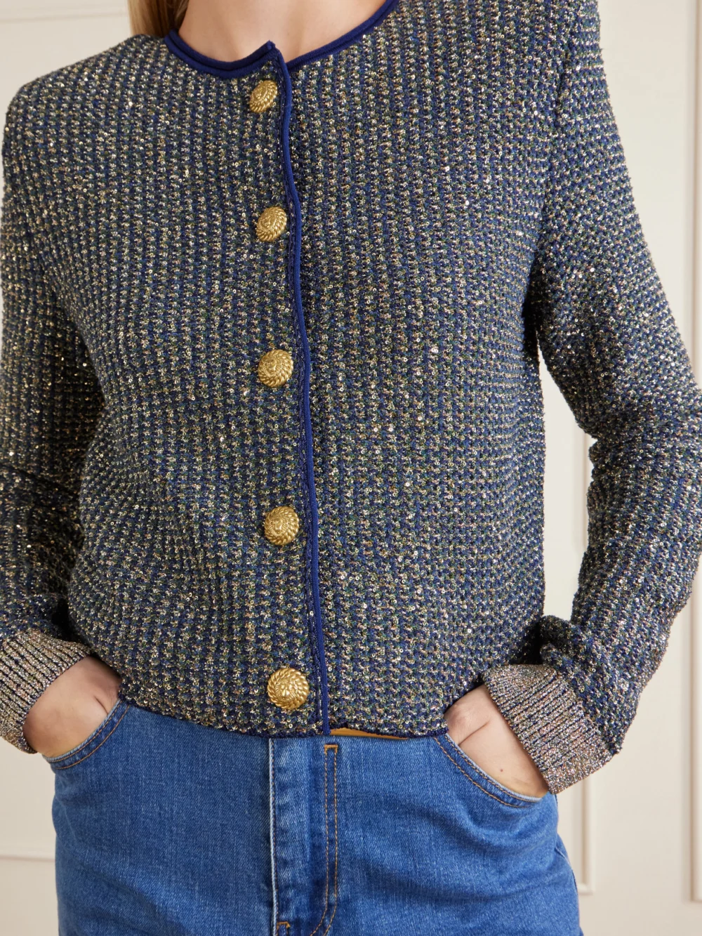 Close-up detail of the Balmain Metallic-trimmed Tweed Cardigan