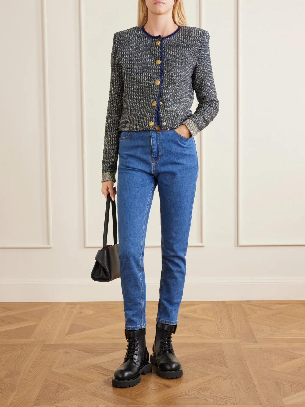Balmain Metallic-trimmed Tweed Cardigan, worn by a model