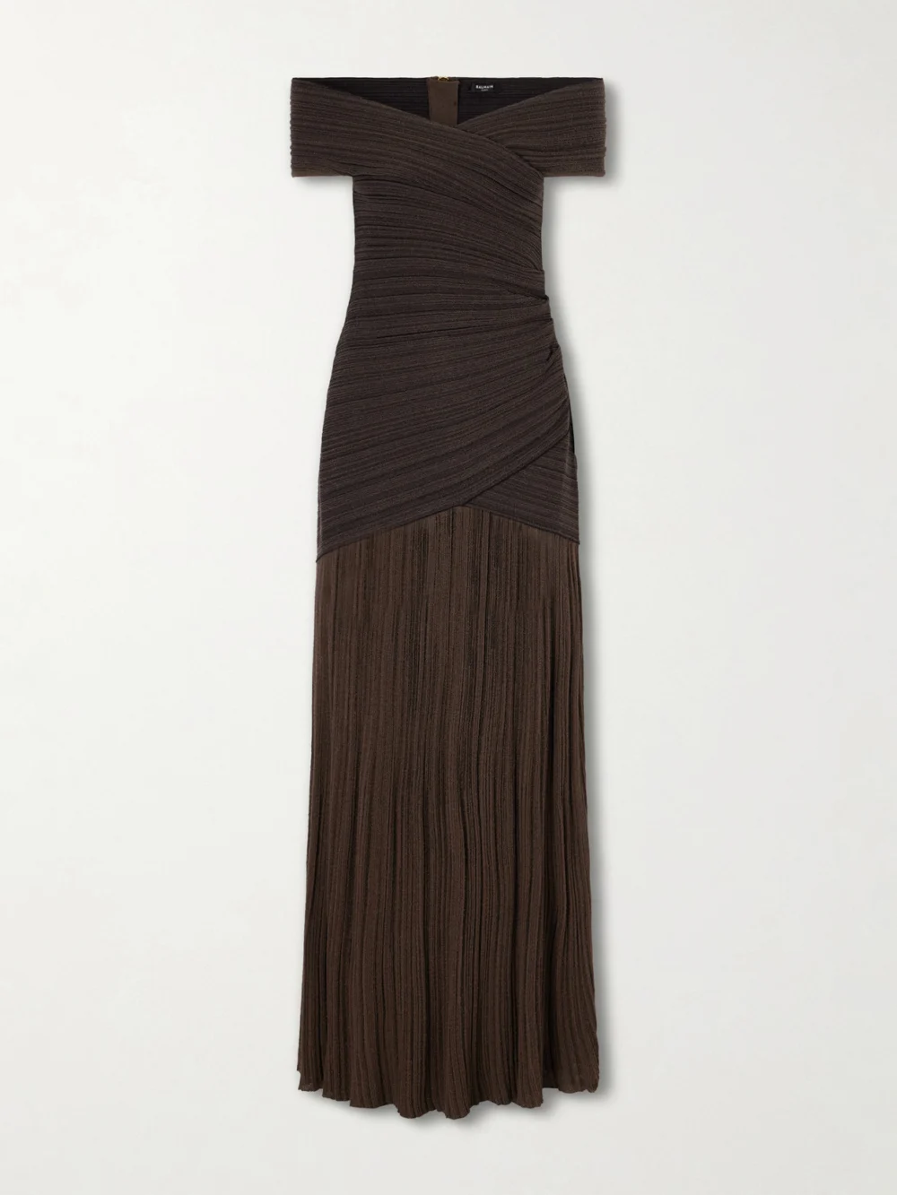Balmain Off-the-shoulder Ribbed-knit Maxi Dress in dark brown