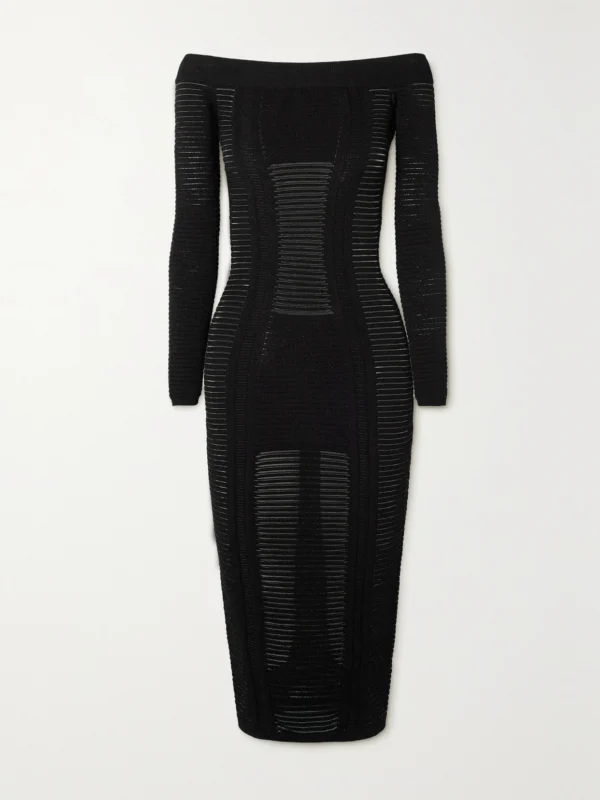 Balmain Off-the-shoulder Ribbed-knit Midi Dress
