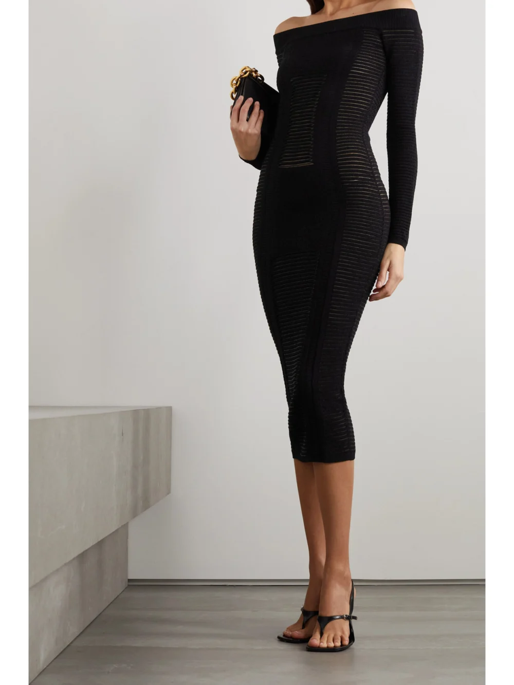 Balmain Off-the-shoulder Ribbed-knit Midi Dress, worn by a model