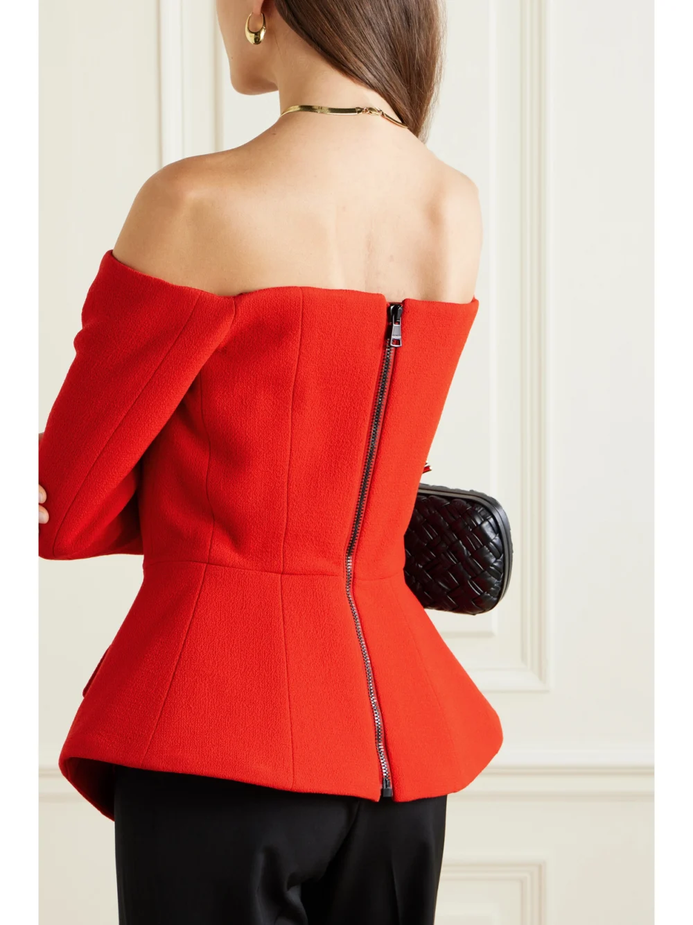 Back view of the Balmain Off-the-shoulder Wool-crepe Peplum Top