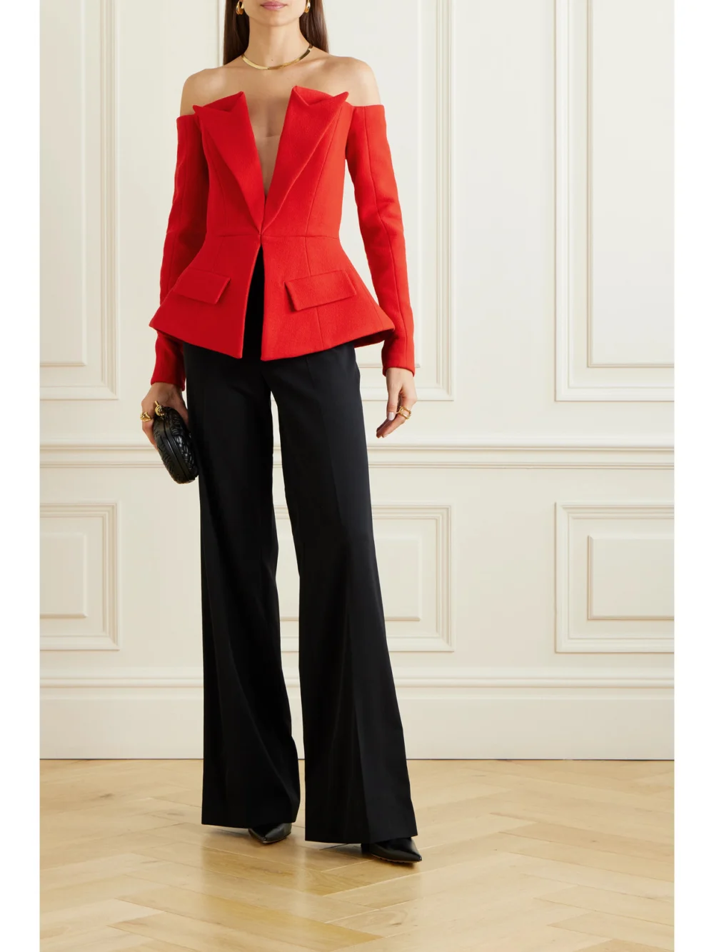 Balmain Off-the-shoulder Wool-crepe Peplum Top, worn by a model