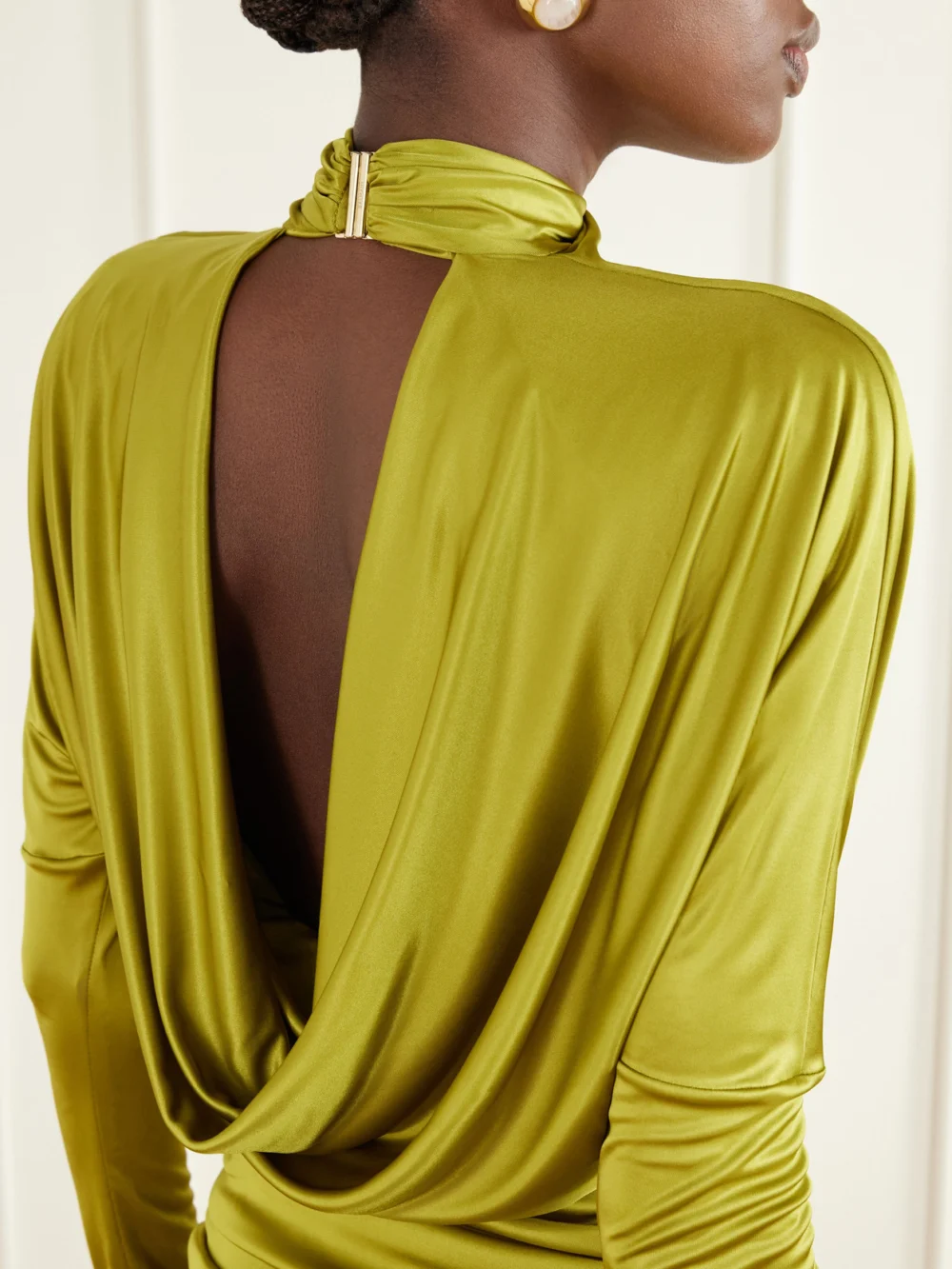 Close-up detail of the Balmain Open-back Draped Ruched-detail Satin Mini Dress