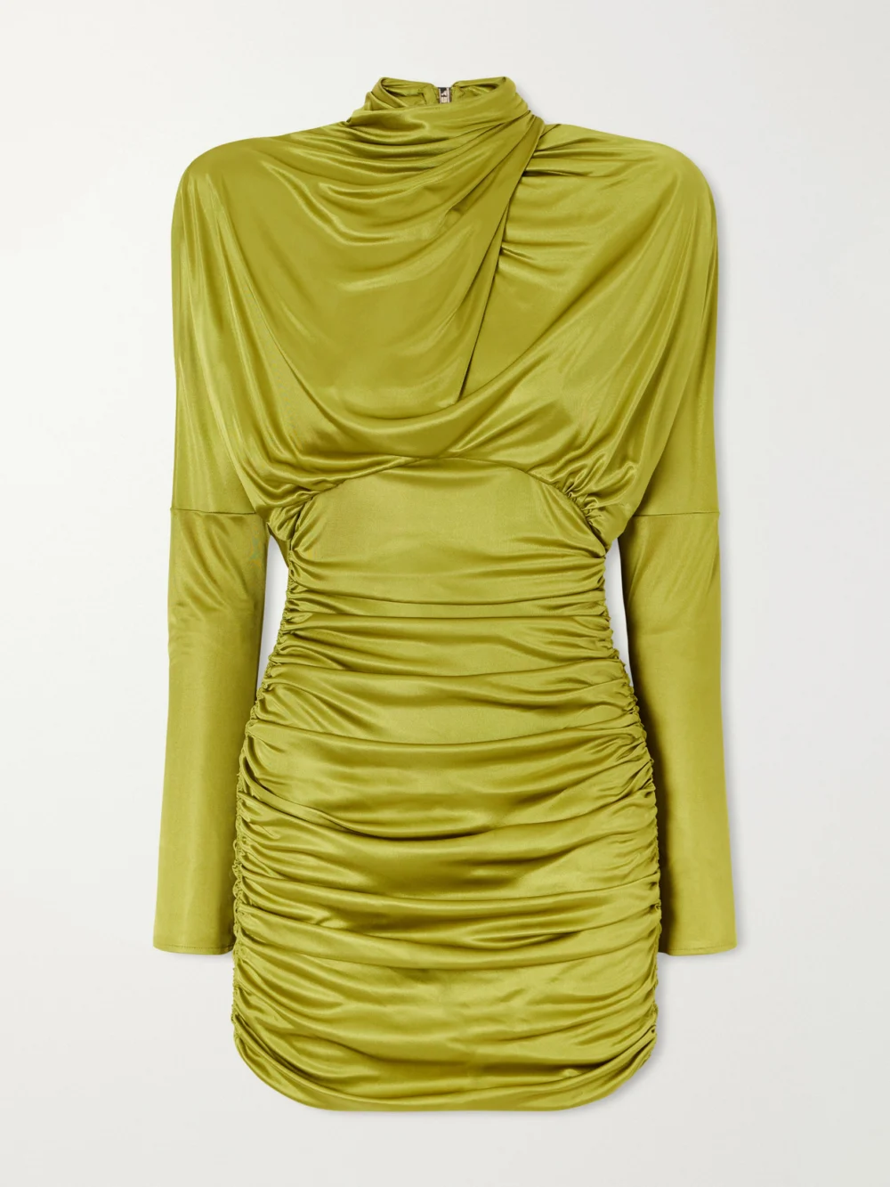 Balmain Open-back Draped Ruched-detail Satin Mini Dress in lime green