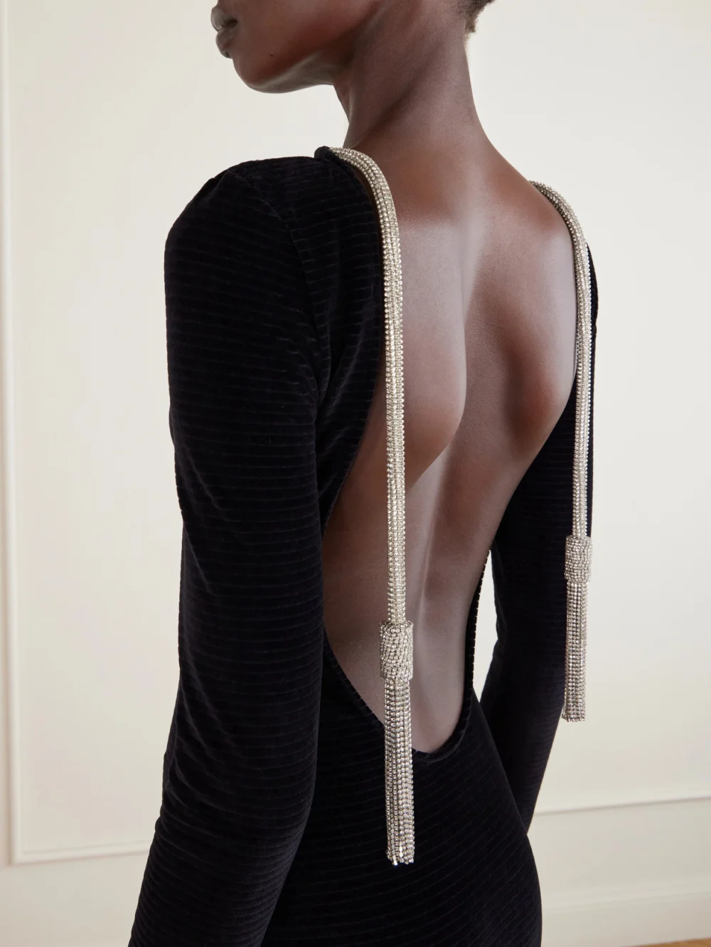 Close-up detail of the Balmain Open-back Embellished Cotton-blend Velvet Midi Dress