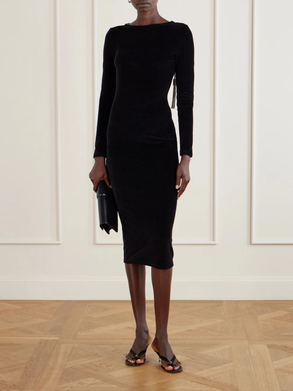 Balmain Open-back Embellished Cotton-blend Velvet Midi Dress, worn by a model