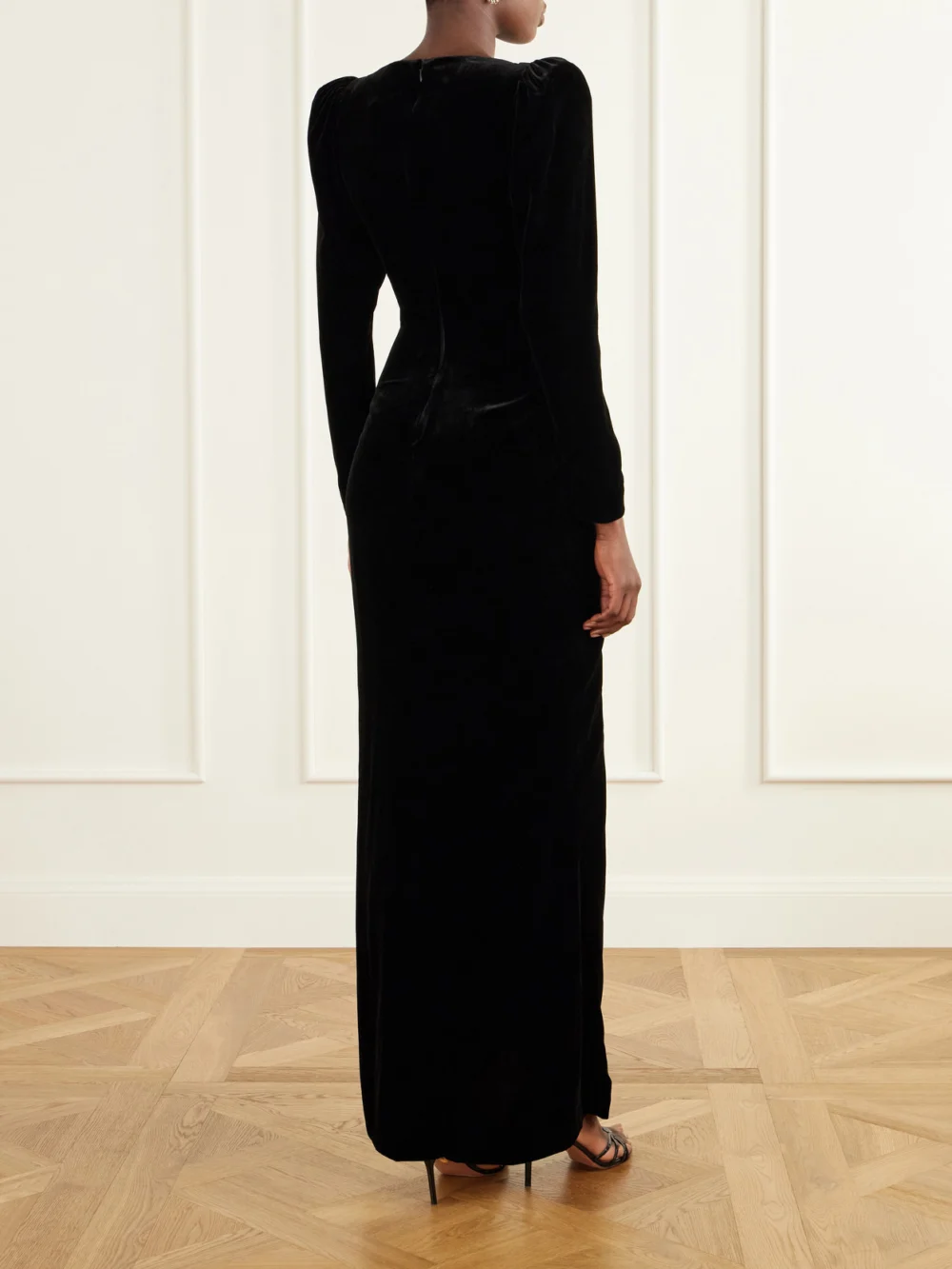 Back view of the Balmain Open-front Lingerie-detail Gathered Velvet Maxi Gown