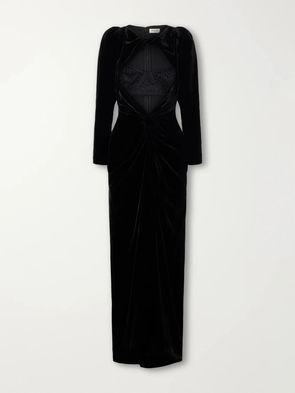 Balmain Open-front Lingerie-detail Gathered Velvet Maxi Gown in black