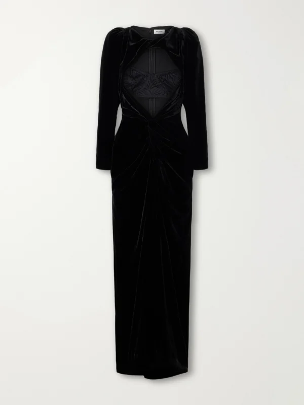 Balmain Open-front Lingerie-detail Gathered Velvet Maxi Gown