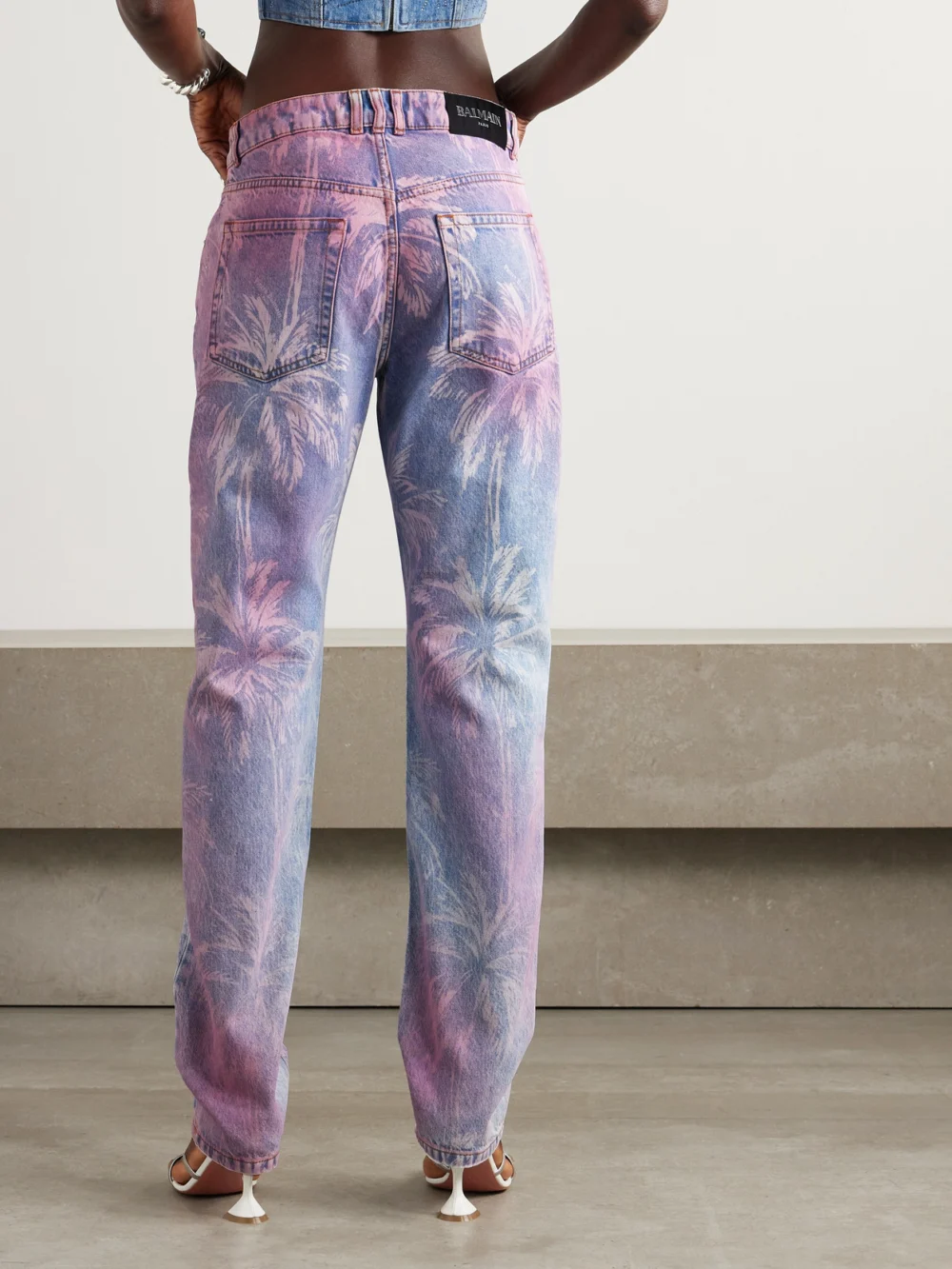 Back view of the Balmain Palm Trees Printed Boyfriend Jeans