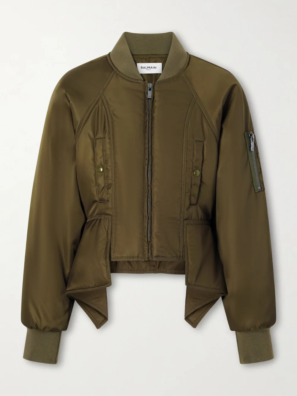 Balmain Paneled Cropped Satin Jacket in army green