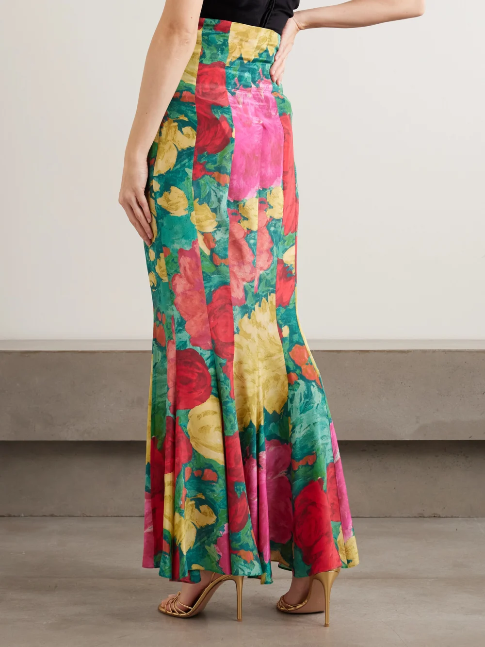 Back view of the Balmain Paneled Floral-print Silk Maxi Skirt