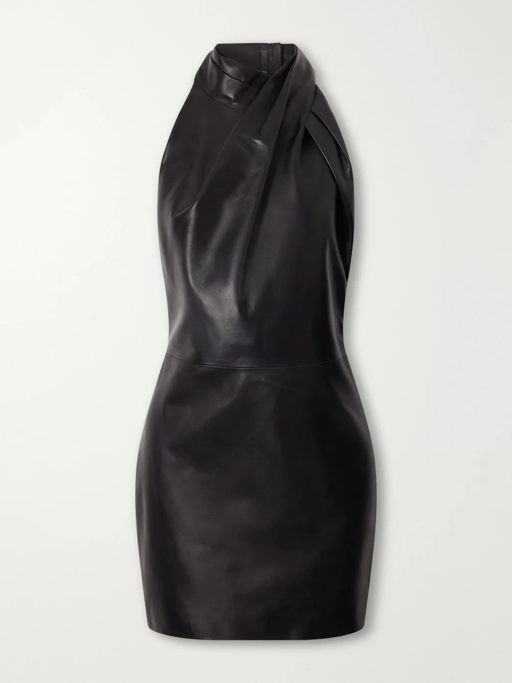 Balmain Paneled Halterneck Leather Mini Dress in black