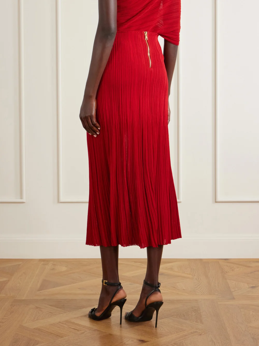 Back view of the Balmain Plissé-crepe Midi Skirt