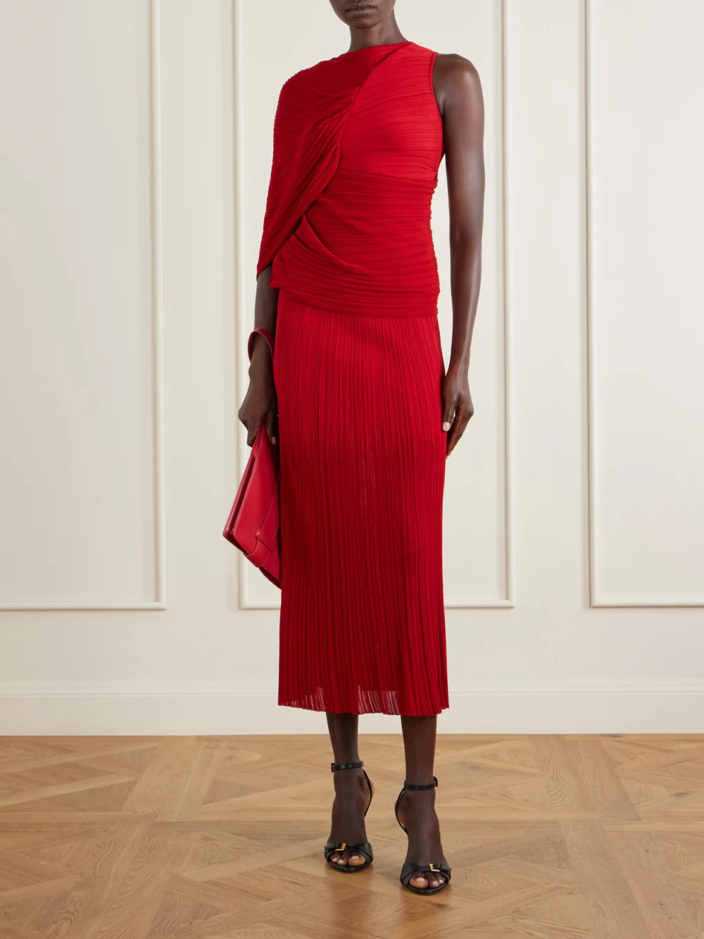 Balmain Plissé-crepe Midi Skirt, worn by a model