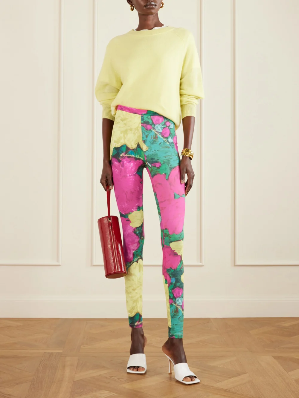 Balmain Printed Stretch-jersey Leggings, worn by a model