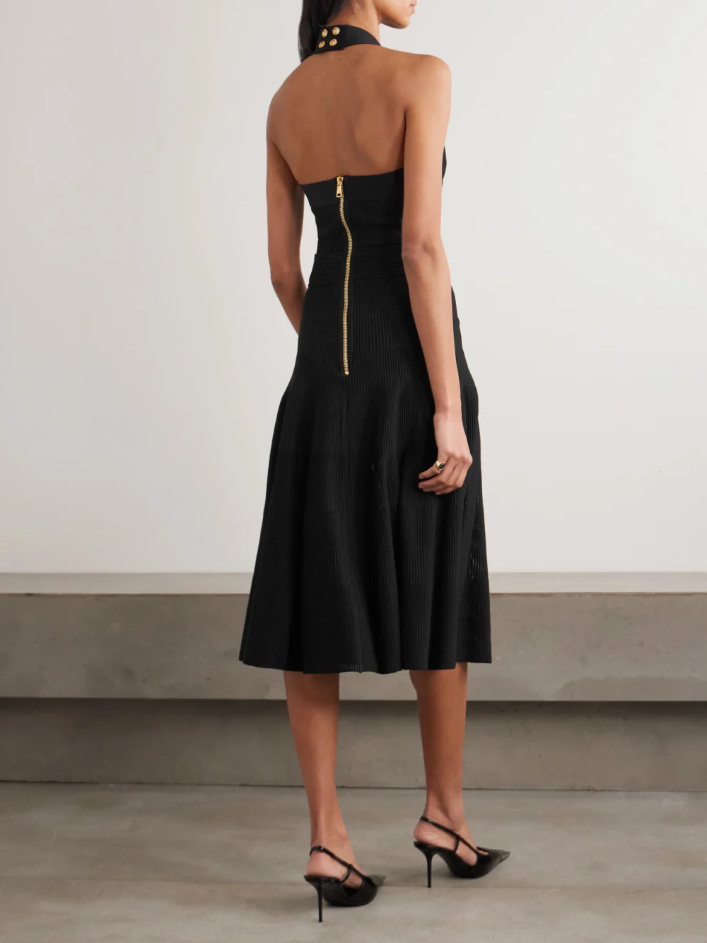 Back view of the Balmain Ribbed Jersey Halterneck Midi Dress