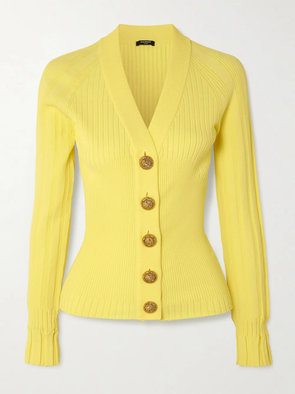 Balmain Ribbed-knit Cardigan in pastel yellow