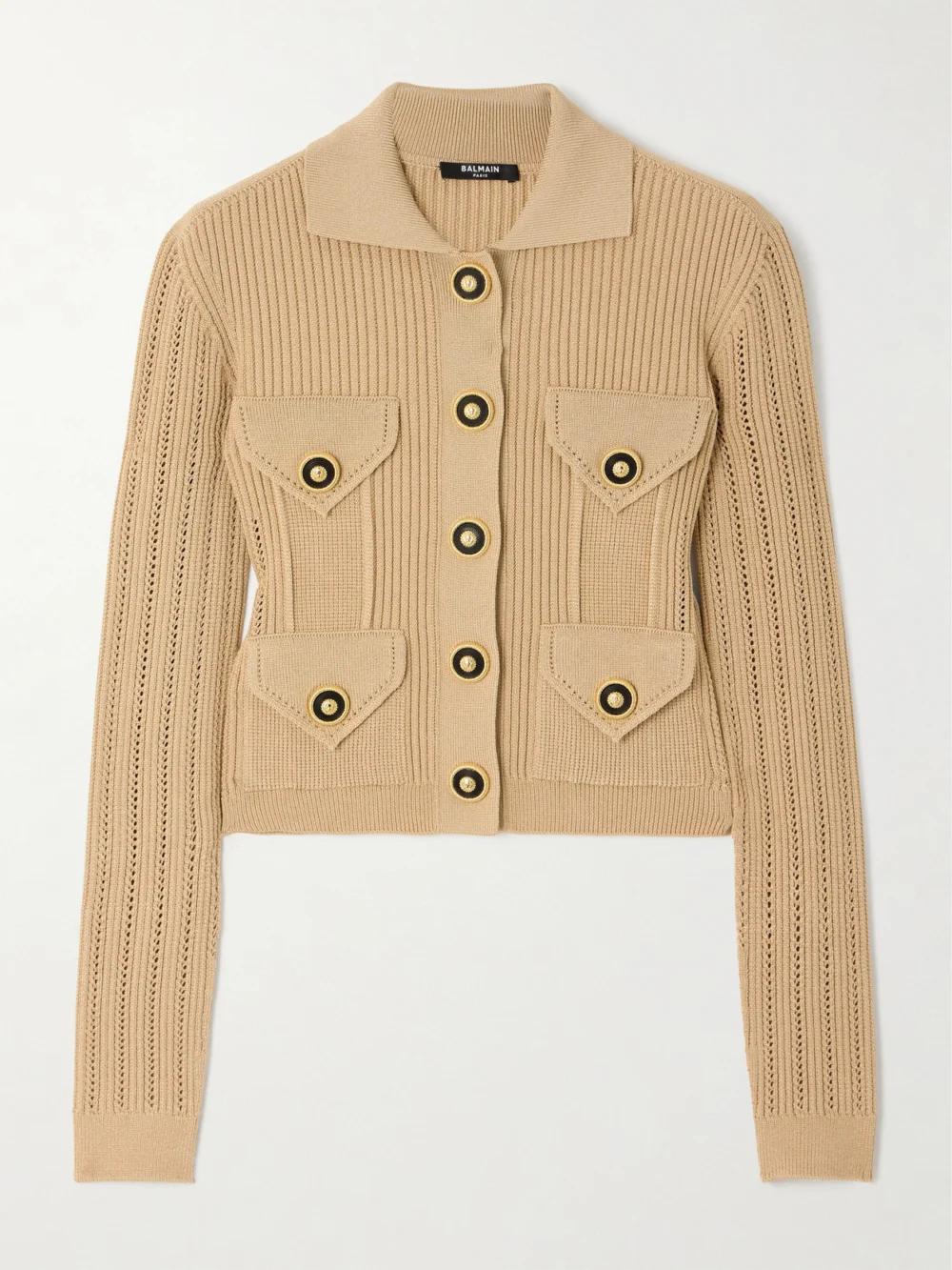 Balmain Ribbed Pointelle-knit Cardigan in beige