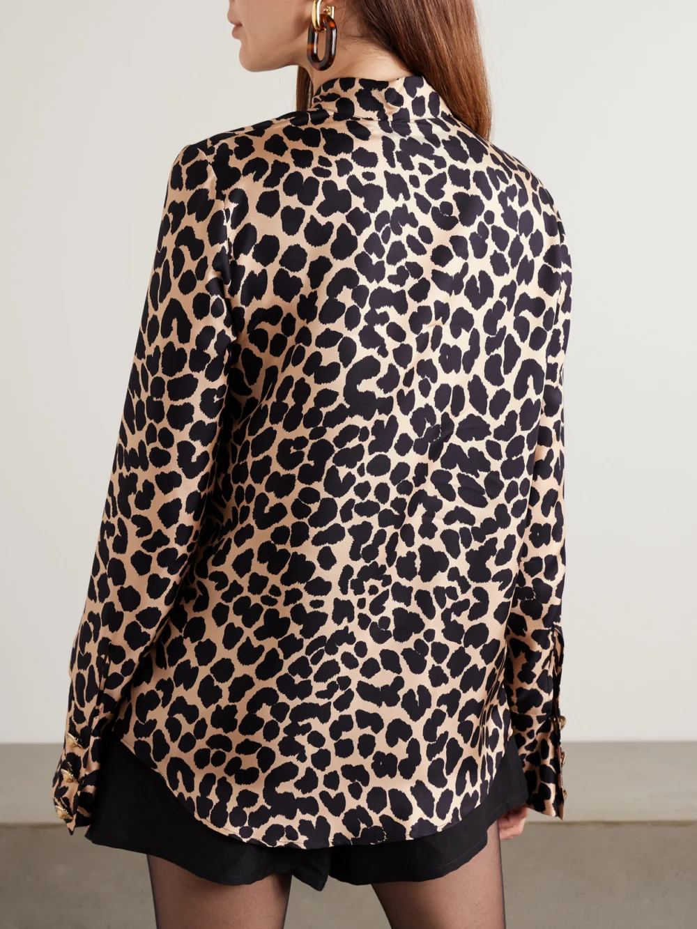 Back view of the Balmain Ruffled Leopard-print Silk Blouse