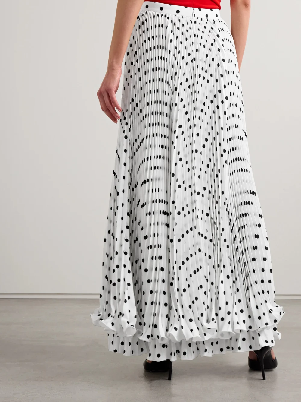 Back view of the Balmain Ruffled Pleated Polka-dot Crepe Maxi Skirt