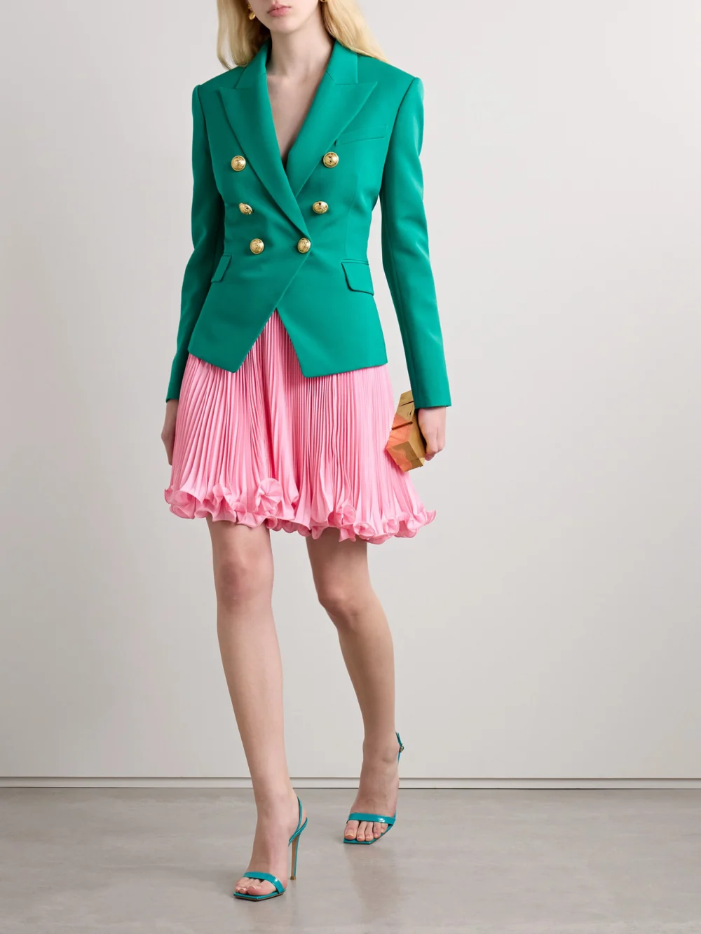 Balmain Ruffled Plissé-satin Mini Skirt, worn by a model