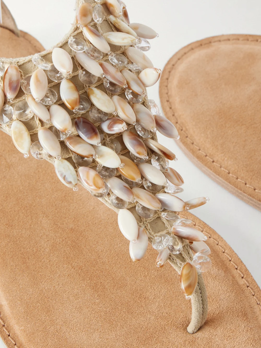 Close-up detail of the Balmain Runway Bead-embellished Suede Sandals