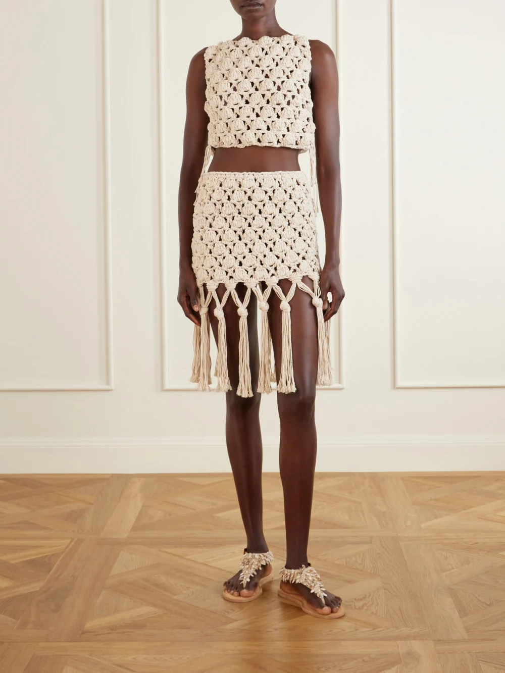 Balmain Runway Bead-embellished Suede Sandals, styled view