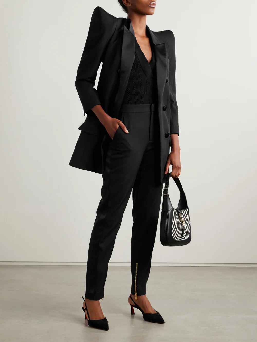 Balmain Satin-trimmed Wool Straight-leg Pants, worn by a model