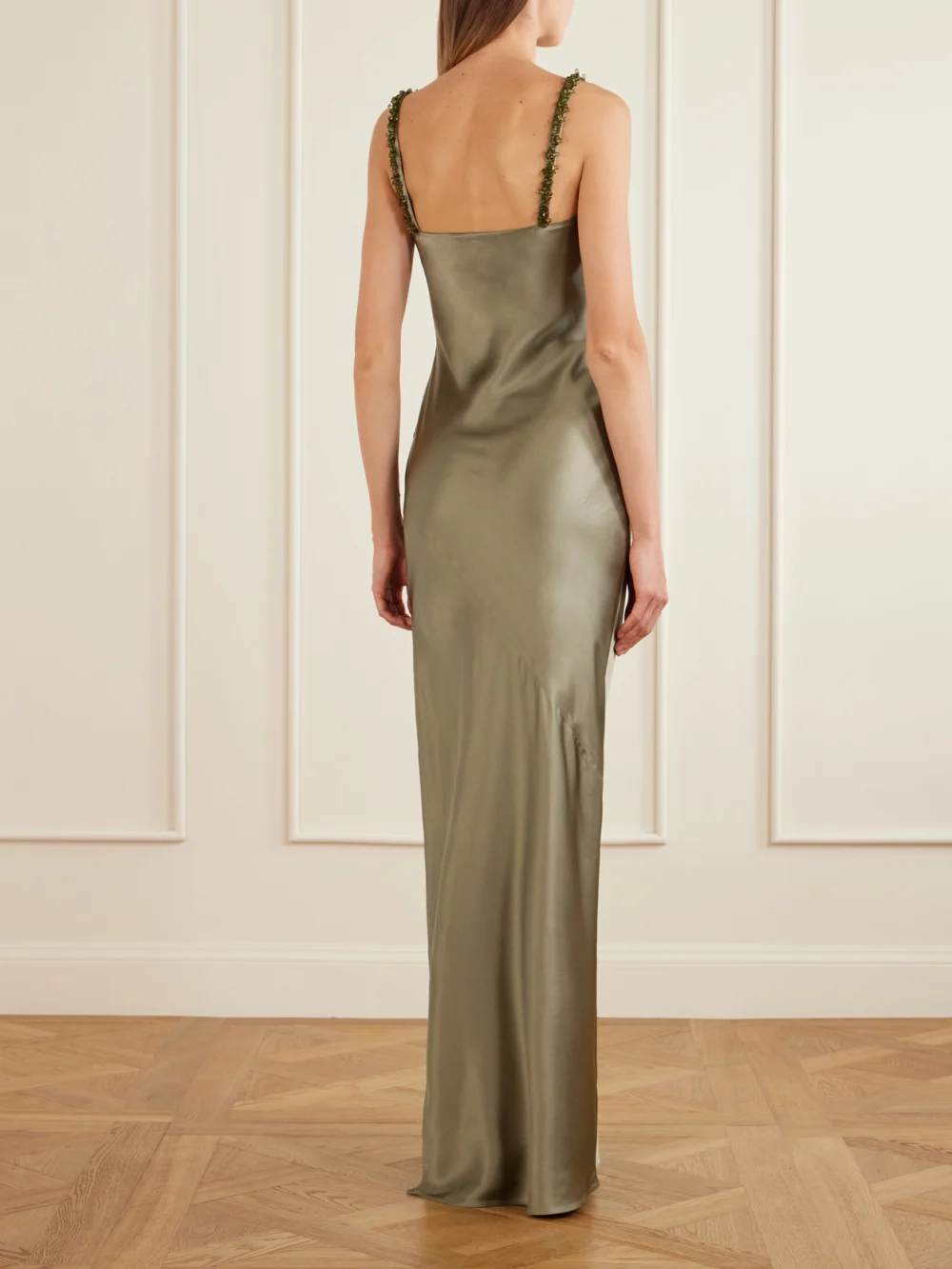Back view of the Balmain Shoulders Embellished-linen Maxi Dress