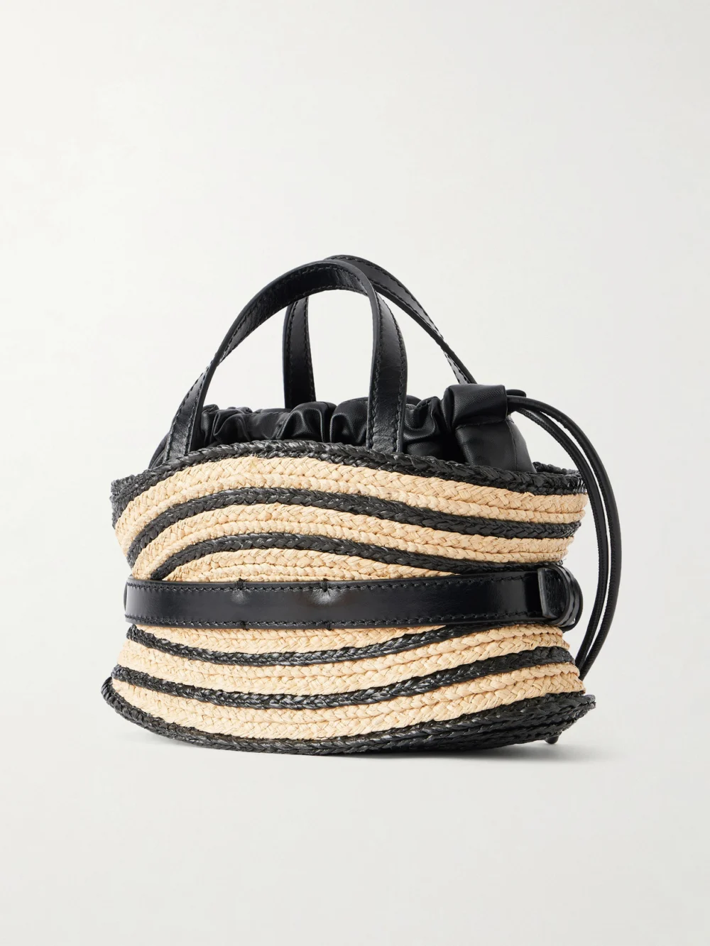 Back view of the Balmain Shuffle Mini Buckled Leather-trimmed Raffia Top-handle Bag