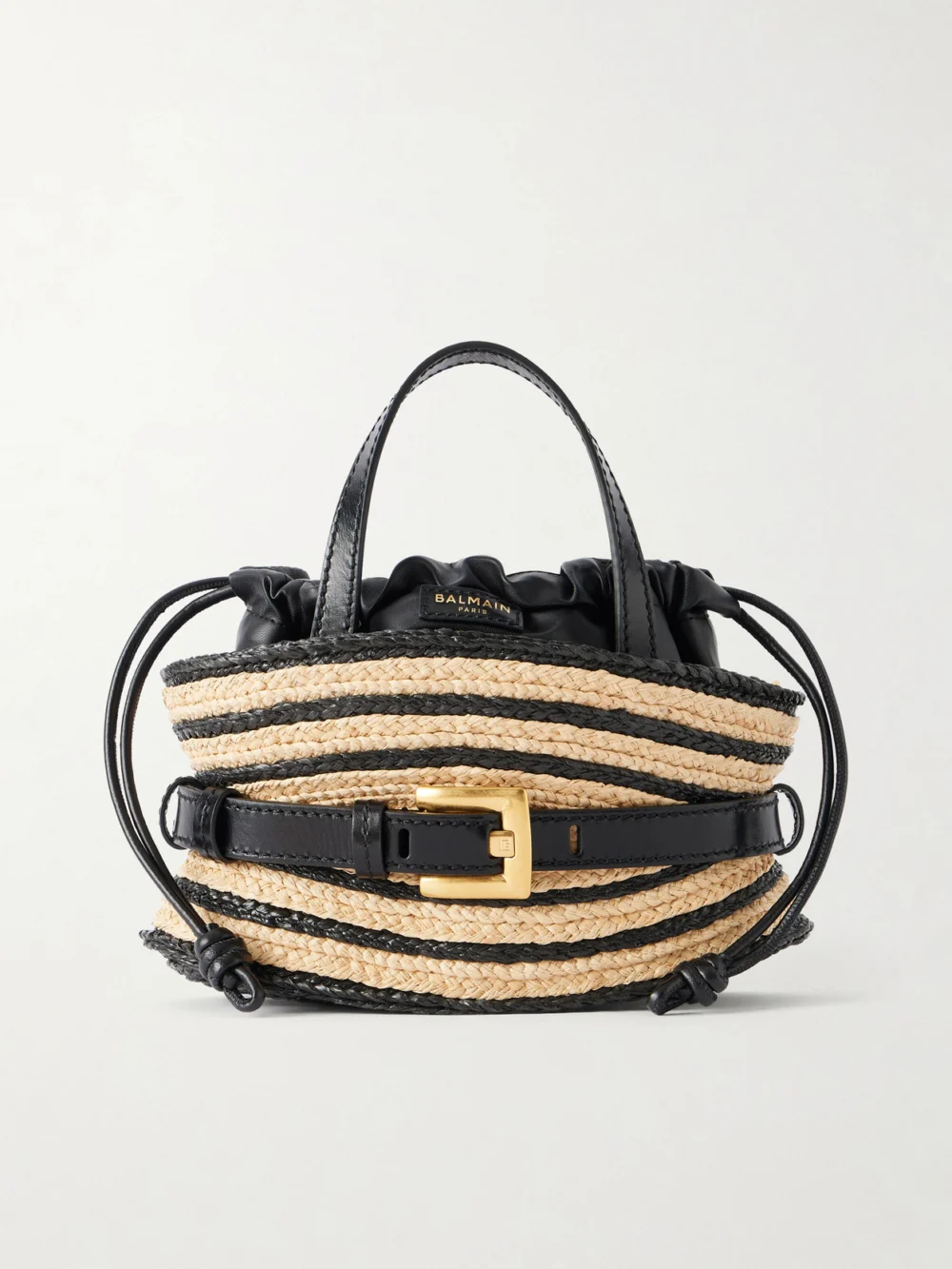 Balmain Shuffle Mini Buckled Leather-trimmed Raffia Top-handle Bag in black