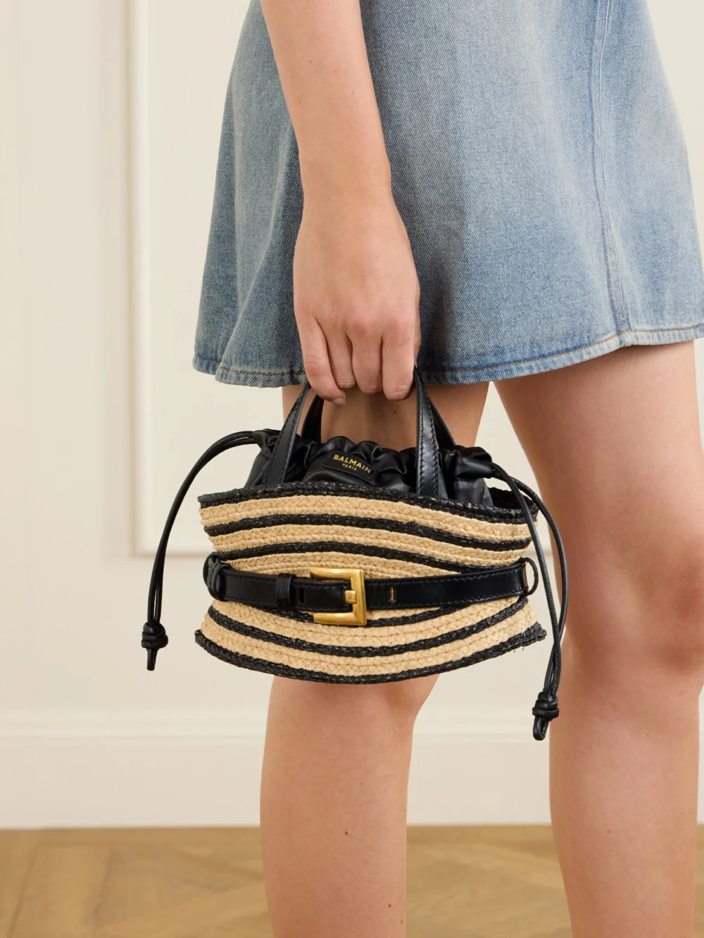 Balmain Shuffle Mini Buckled Leather-trimmed Raffia Top-handle Bag, styled view
