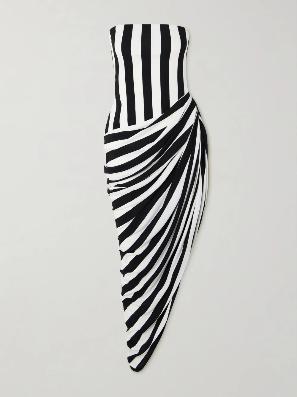 Balmain Strapless Asymmetric Draped Striped Jersey Gown in white