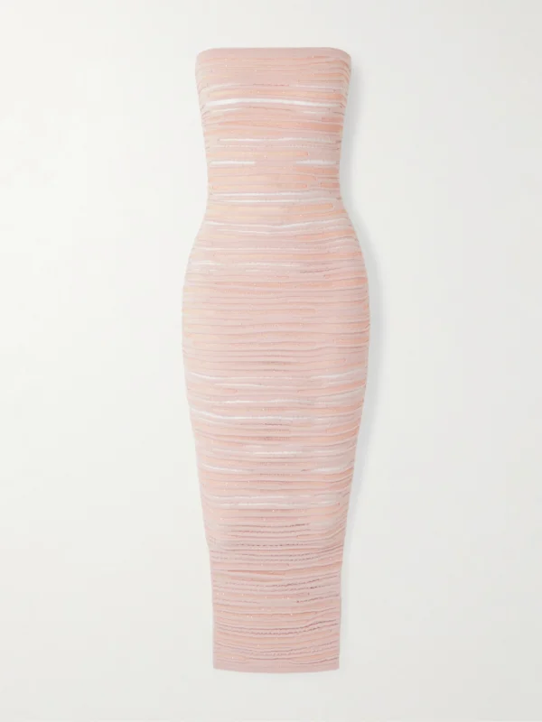 Balmain Strapless Sequin-embellished Open-knit Midi Dress