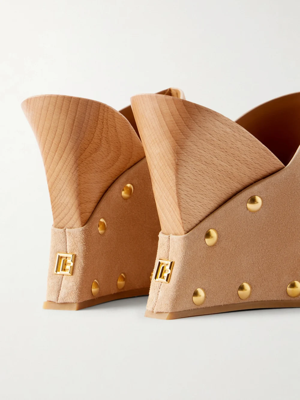 Close-up detail of the Balmain Suede Wedge Clogs