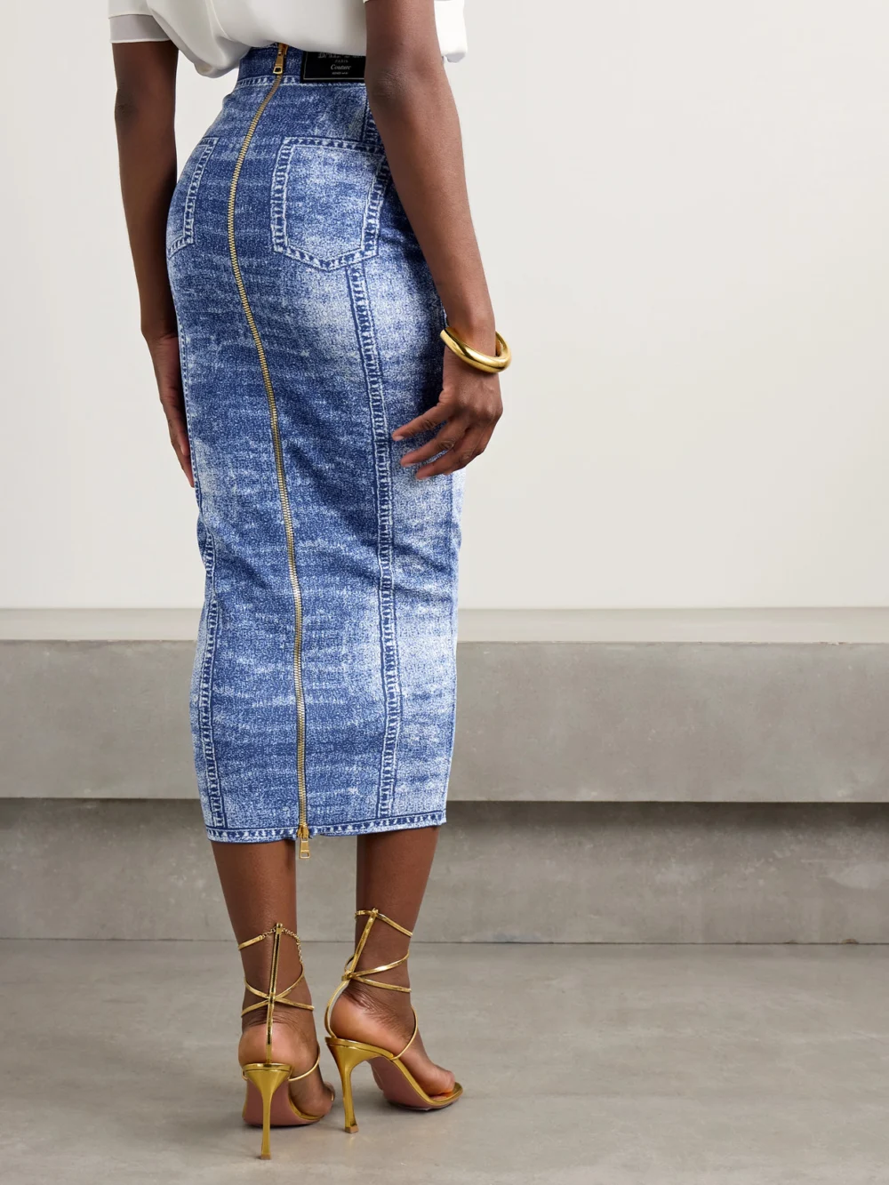 Back view of the Balmain Trompe-l'ail Printed Knitted Midi Skirt
