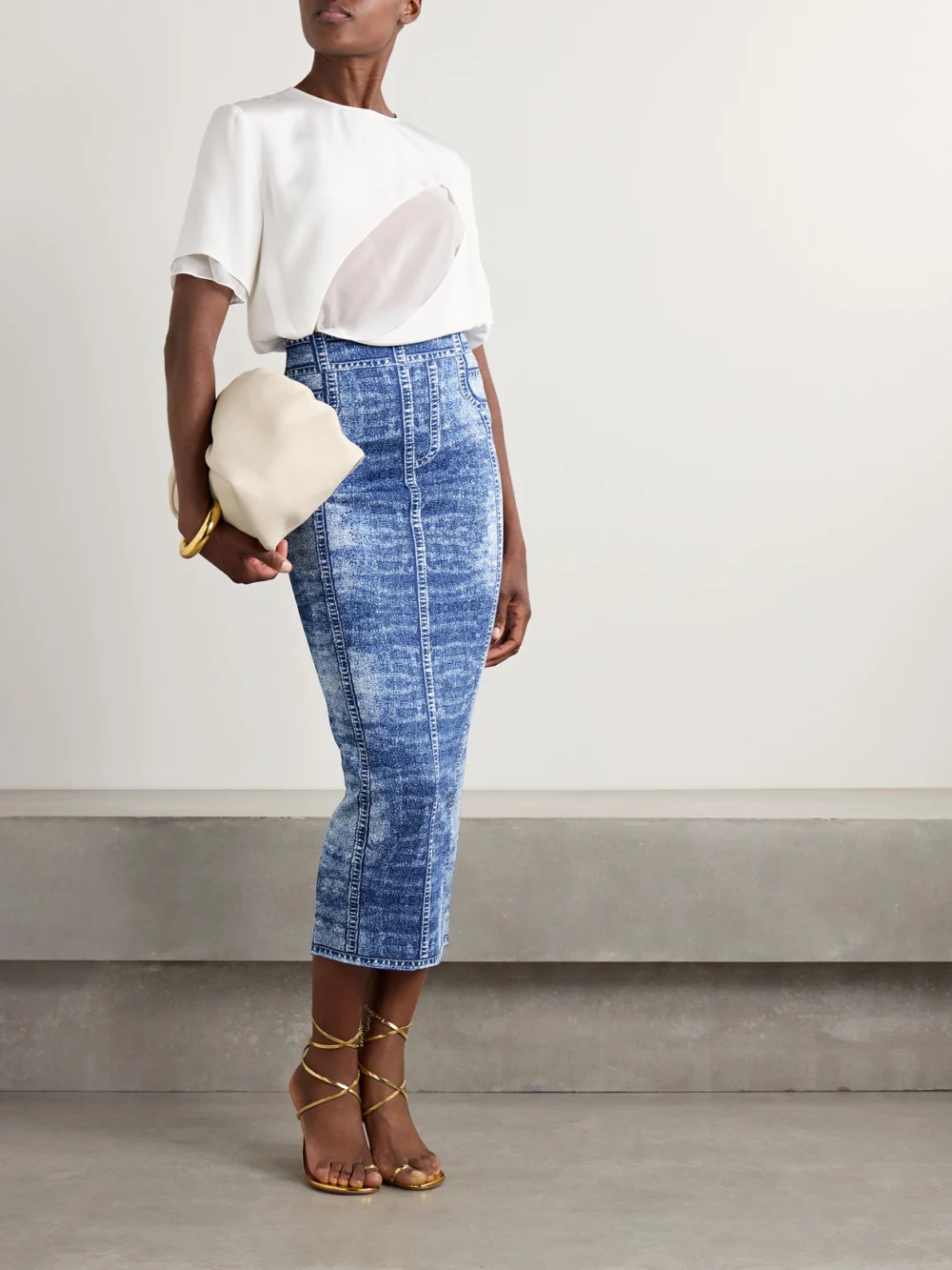 Balmain Trompe-l'ail Printed Knitted Midi Skirt, worn by a model