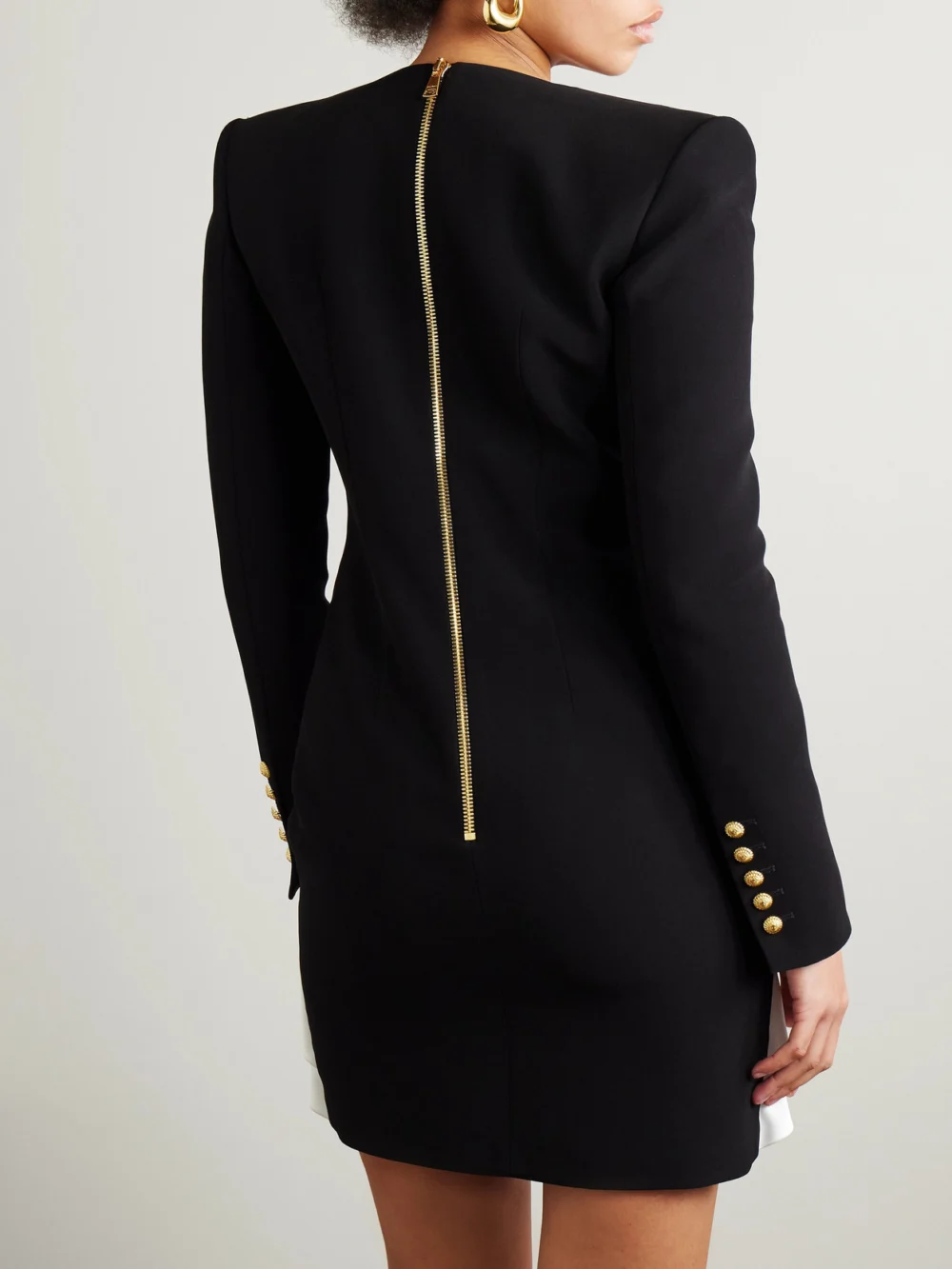 Back view of the Balmain Two-tone Asymmetric Crepe and Pleated Satin Mini Dress