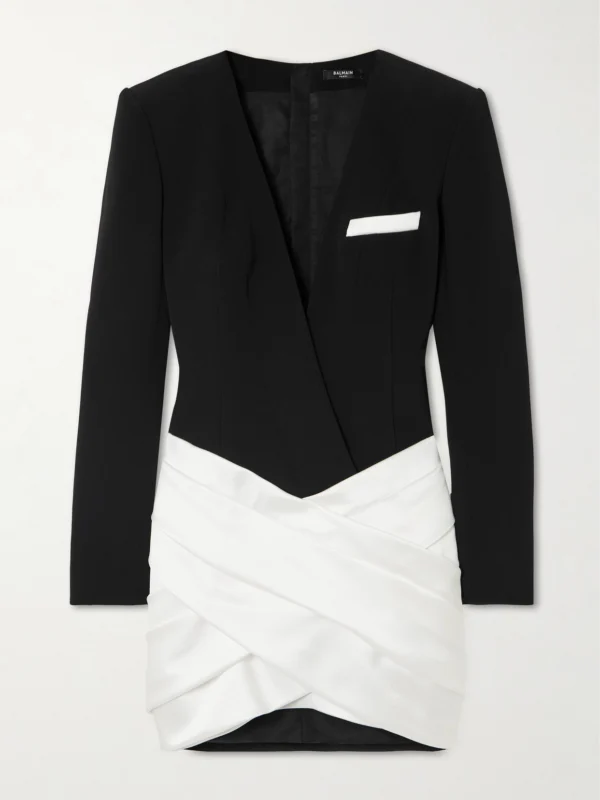 Balmain Two-tone Asymmetric Crepe and Pleated Satin Mini Dress