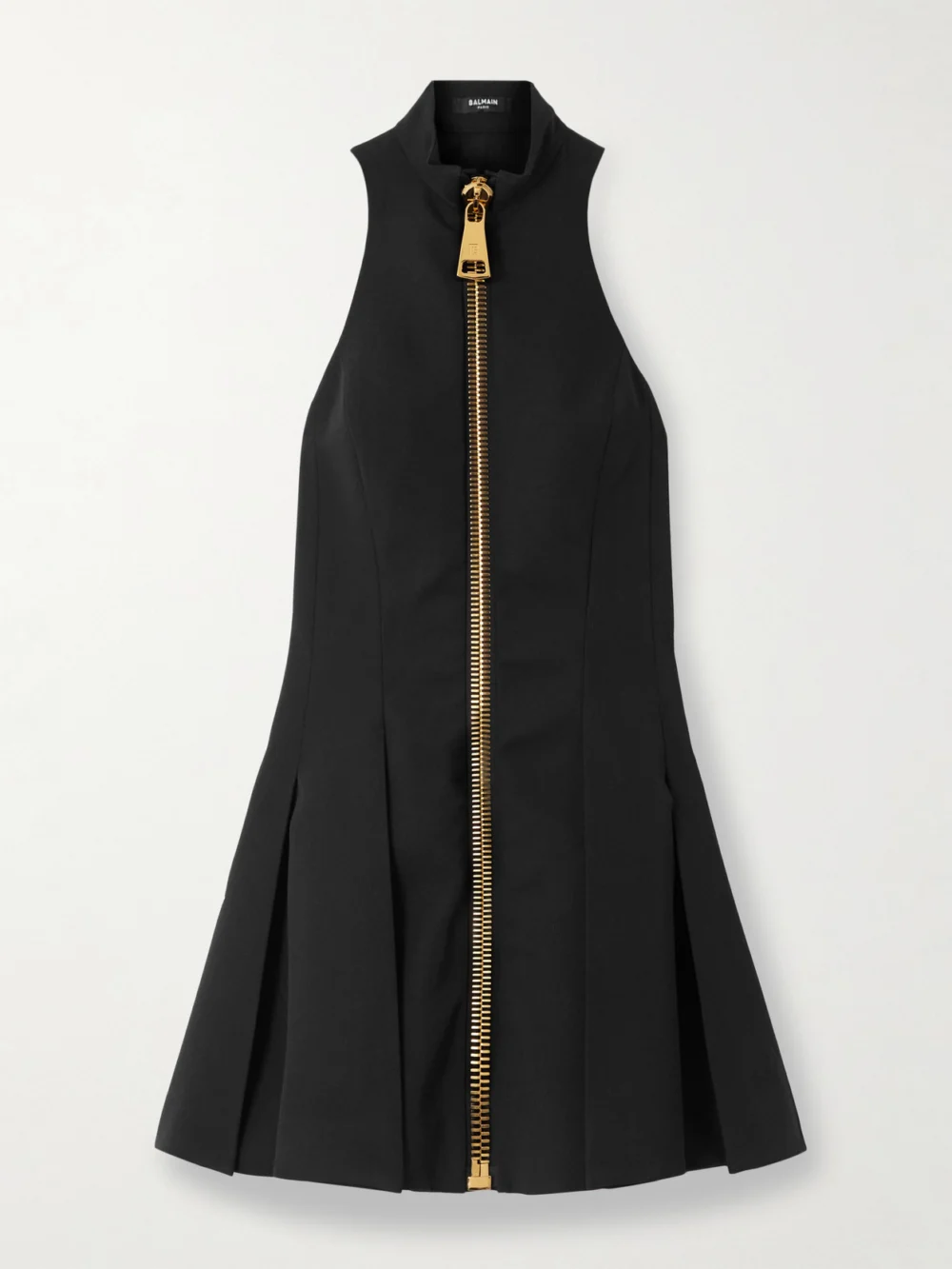 Balmain Zip-detailed Pleated Grain De Poudre Wool Mini Dress in black